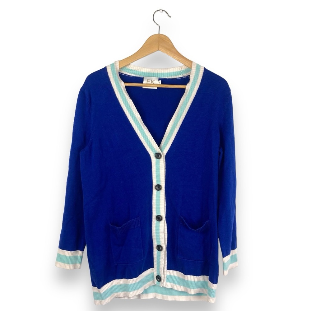 Edinburgh Knitwear 100% Pima Cotton Cardigan Sweater Blue Striped Knit Medium